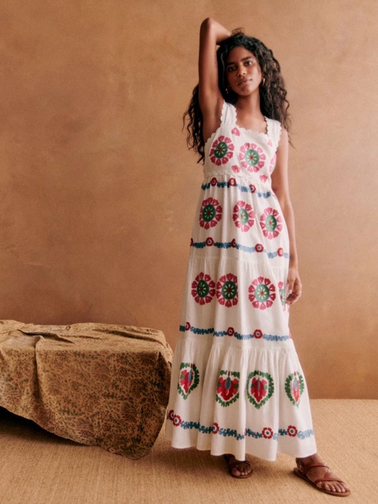 Sezane Dresses & Skirts - Sezane White Maxi Dress with Pink, Green & Blue Embroidery